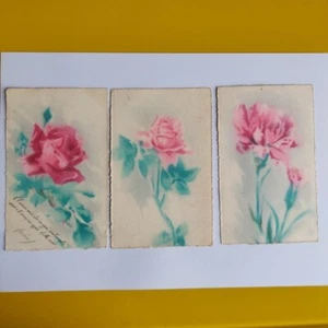 LOTTO 3 CARTOLINE ROMANTICHE DIPINTE A MANO FIORI FLOREALE ROSA 20's VIAGGIATA - Bild 1 von 7