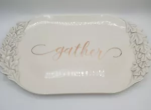 Gather Servizio Piatto 18x10" Ceramica Bianca Oro 3D Foglie Festività Natale - Foto 1 di 12