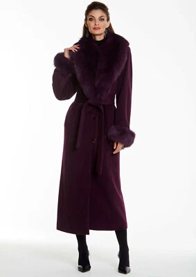 Abrigo largo de cachemir para mujer con cuello y puños de piel de zorro real ciruela púrpura Foto 1 de 4