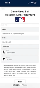 RARE 1/1 GAME USED BASEBALL DODGERS VS ATHLETICS LAWRENCE BUTLER DOUBLE 5/13/25 - Picture 1 of 2