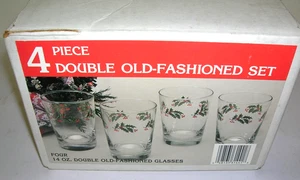 Double Old Fashioned Holly Berry 4 piece Glass Set Blown Glass USA 14oz Heavy - Picture 1 of 5