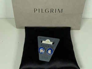 PILGRIM Earrings Studs Gold Tone Blue Disc & White Stone Heart - Ex Display - Picture 1 of 3