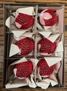 Vintage alte Welt Weihnachten mundgeblasene Glas Ornen, große mattierte Blätter Erdbeere 6er Set - Bild 1 von 4