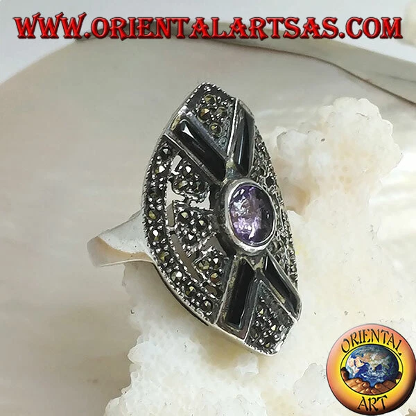 Anello Argento 925‰ tempestato di marcasite con croce in onice e ametista ovale - Immagine 1 di 1