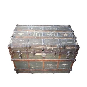 Antique Primitive Flat Top Oak Slat Railroad Trunk, Chest - Picture 1 of 13