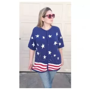 Vintage Quacker Factory Women's Ugly Fourth July Flag America Sweater Red/Blue L - Picture 1 of 5