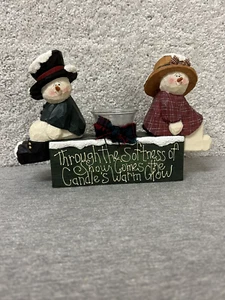 Snowman and Snowwoman Sitting on Ledge Votive candle Display - Picture 1 of 6