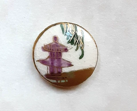Antique VTG Painted SATSUMA Ceramic Button-Simple Asian Building Temple 11/16" Cover