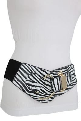 Mujeres Negro Blanco Imitación Cuero Cebra Estampado Animal Cinturón Elástico Gancho Hebilla S M Foto 1 de 4