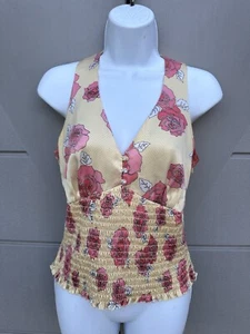 I.N.C. 100% Silk Floral Printed Smocked-Waist Babydoll Halter Top Sz 4 Y2K FAIRY - Picture 1 of 8