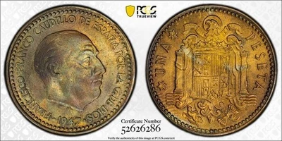 1947 (54) Spain 1 Peseta PCGS MS63 Lot#G990 Choice UNC! - Image 1 of 4