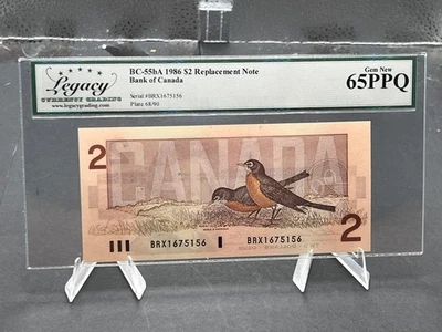 1986 Canada $1  Replacement Bank Note Graded Legacy AU55 SN# BRX1675165 - Image 1 of 4