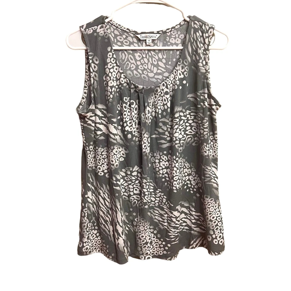 Blusa sin mangas Travel Smith para mujer gris blanca con estampado de guepardo talla mediana Foto 1 de 4