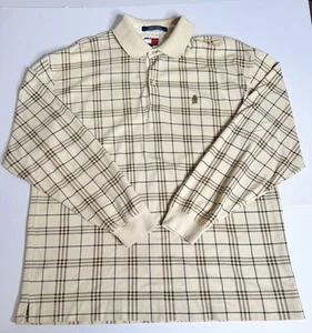 Polo Ralph Lauren Mens XL Long Sleeve Pullover Polo Shirt Cream Beige Plaid VTG - Picture 1 of 9