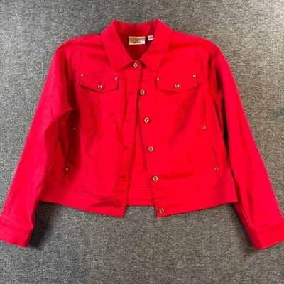 Festive Holiday Red Jean Jacket Stretch Denim Rhinestone Buttons Size Medium - Image 1 of 2
