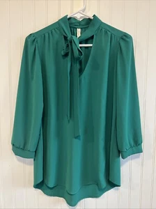 Tyche Women’s Kelley green blouse tight neck size medium Corpgore Office Siren - Picture 1 of 7