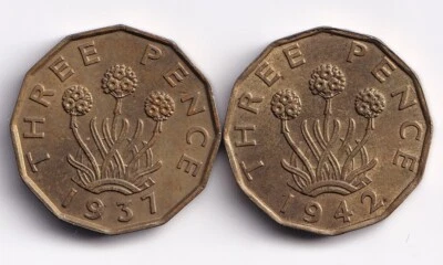 Gran Bretaña Lote De 2 - 1937 + 1942 3 Peniques Monedas De Latón KM #849 Rey Jorge VI Foto 1 de 2