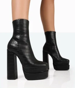 SUPINE by Public Desire, TRENDY Black croc 6.25" heel double platform boots SZ 9 - Picture 1 of 4