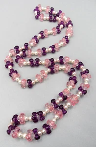 Vintage Faux Pearl Necklace White Pink Purple Plastic Tri Bead Nostalgic Novelty - Picture 1 of 6