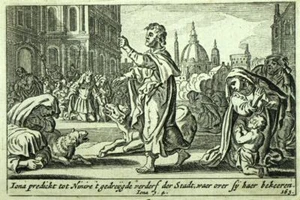 1700 Gravure ancien testament LE PROPHÈTE JONAS A NINIVE PRÉDIT SA DESTRUCTION - Imagen 1 de 2