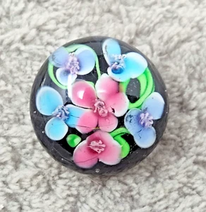 Hand Crafted Glass Paperweight Button Embedded Pink & Blue Floral Design - Picture 1 of 3