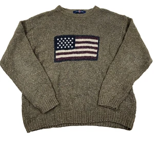Vintage Cotton Traders Sweater Men Large Brown USA American Flag Heavy Knit Wool - Picture 1 of 10