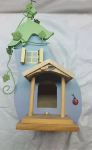 Vintage Natural rustic handmade painted Russ wood birdhouse yellow blue 13" tall - Picture 1 of 9