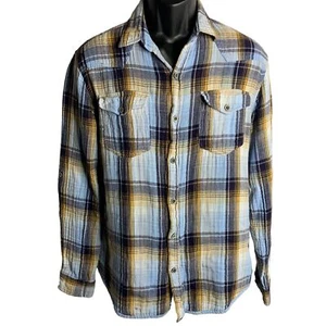 Vintage 90s Union Bay Button Up Shirt L Blue Plaid Flannel Roll Tab Sleeves - Picture 1 of 6