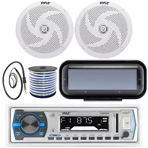 Pyle PLMRB29W Single DIN Marine MP3 Receiver, 2x 6.5'' 240W Speakers + Wire - Picture 1 of 7