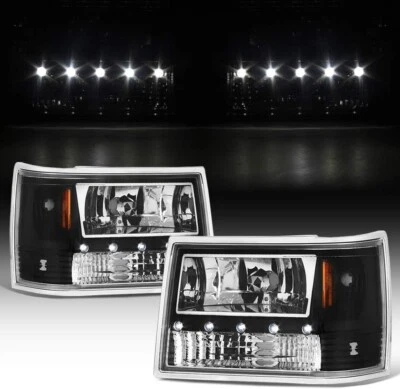 For 1993-1998 Jeep Grand Cherokee Black Led Strip Headlights Driver & Passenger - Image 1 of 2