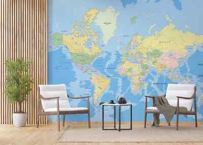 Mural de pared azul mapa del mundo papel pintado político para oficina en casa dormitorio de niños Foto 1 de 4