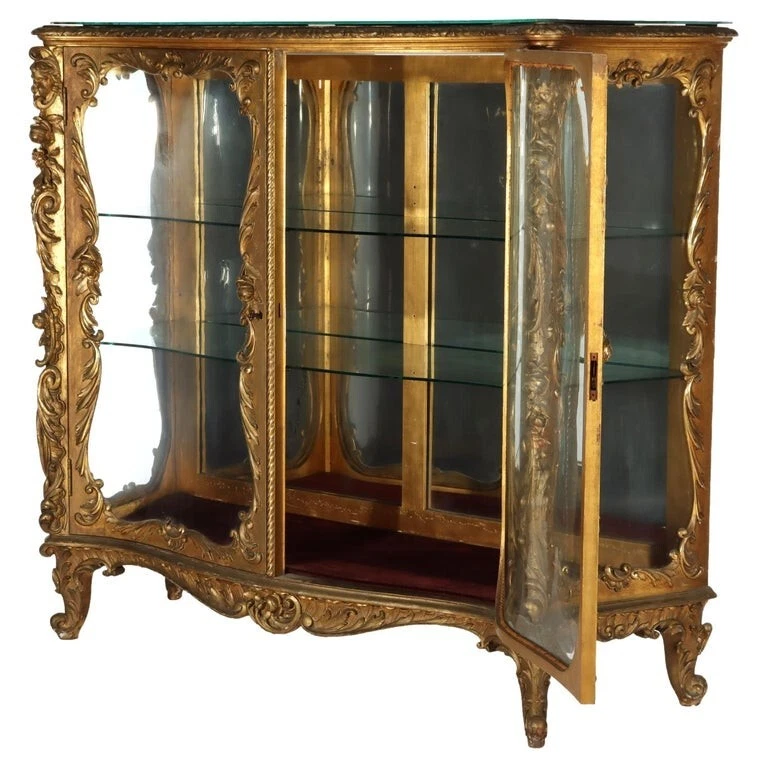 古董法国路易十四风格洛可可雕像和花卉雕刻镀金木玻璃 — 第 1/4 张图片