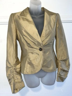 Jaqueta ESCADA Blazer Brilhante Dourado Esmalte Botão Tartaruga Xadrez UE Tamanho 36 EUA 6 - Imagem 1 de 4