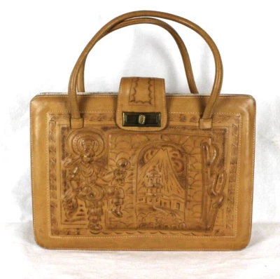 AZTEC MEXICAN LEATHER FIESTA Purse Large Handtooled Tan Leather Shoulder Bag VTG - Image 1 of 4