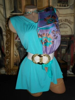 XXL бирюзовый вязаный топ без рукавов V шеи очень драпированный и винтажный шелковый шарф - Изображение 1 из 4