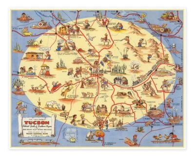 Tucson Arizona Map "Old Pueblo" c. 1950 | Vintage Art Wall Decor 24 x 30 inches