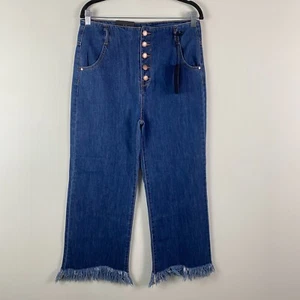 Risen Jeans Wide Leg Crop Pants Womens 28/7 Blue Frayed Hem Button Fly - Picture 1 of 11