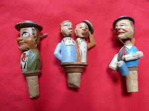 WOODEN BOTTLE STOPPER CORKS (3) Hand Carved Action Figures Bavaria Germany - Picture 1 of 7