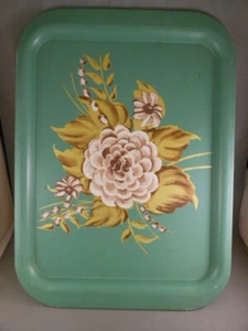 Rare Vtg Metal TV Serving Tray Teal Green Gold Brown White Flowers Floral 14x10 - Picture 1 of 11