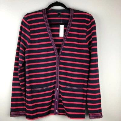 NWT J. Crew Metallic Striped Cardigan Medium Hot Pink Navy Ribbed Sweater F8816 - Image 1 of 4