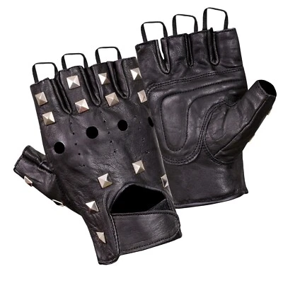 LEATHER FINGERLESS GLOVES BIKER DRIVING CYCLING WHEELCHAIR GYM PADDED