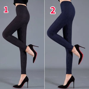 Women Girls Leggings Striped Stretch Slim High Waist Ankle Trousers Check Retro - Picture 1 of 15