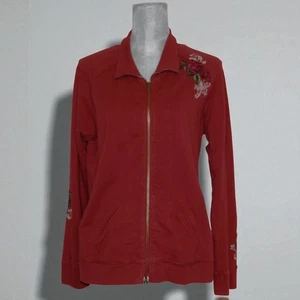 # Johnny Was Zip Front Sweatshirt Jacket Burgundy Floral Embroidery Large ~ EUC - Picture 1 of 4