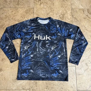 HUK Fishing Top Mens Lightweight Black Blue Long Sleeve Outdoors Shirt Sz Medium - Picture 1 of 5