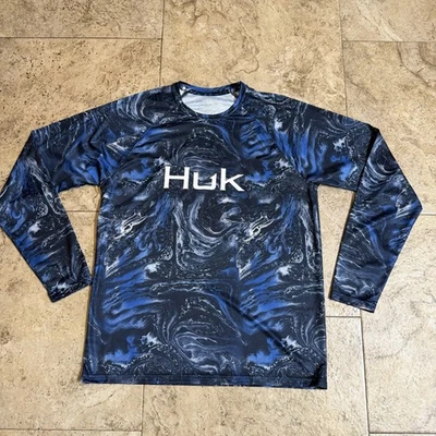 HUK Fishing Top Mens Lightweight Black Blue Long Sleeve Outdoors Shirt Sz Medium - Image 1 of 4