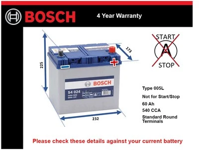 Battery fits TOYOTA RAV4 1.8 2.0 2.4 2.5 94 to 19 Bosch 005L 540A 60Ah Quality - Image 1 of 4
