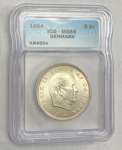 1964 Denmark 5 Kroner Silver Coin ICG MS65 Wedding Of Princess Anne Beaut Tone - Picture 1 of 2