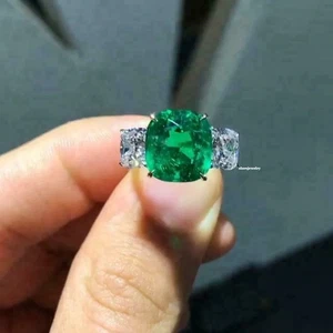 Cushion Cut Emerald & Lab Created Diamond Wedding 14Ct White Gold Finish Ring - Picture 1 of 4
