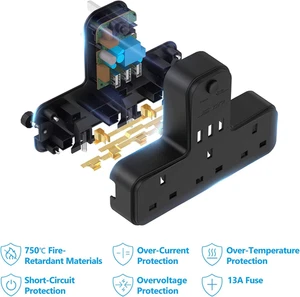Plug Adaptor UK 3 Way JSVER Plugs Extension Multi Sockets with 3 USB Slots(5V... - Picture 1 of 12