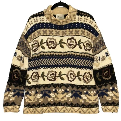 Suéter De Colección Express Tejido a Mano Para Mujer M Azul Floral Rosa Fair Isle Cottagecore Foto 1 de 4